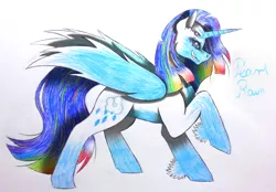 Size: 2212x1536 | Tagged: safe, artist:wixi2000, derpibooru import, rainbow dash, rarity, alicorn, pony, four eyes, fusion, image, multiple eyes, png, smiling, smirk, solo, traditional art