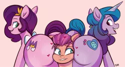 Size: 1523x823 | Tagged: suggestive, artist:semirulalmite, derpibooru import, izzy moonbow, pipp petals, sunny starscout, earth pony, pegasus, pony, unicorn, my little pony: a new generation, spoiler:my little pony: a new generation, butt, eyes on the prize, female, females only, floating heart, g5, heart, image, izzy moonbutt, jpeg, lidded eyes, looking back, looking down, mare, open mouth, pipp butt, plot, plot pair, rear view, smiling, sweat, the ass was fat, unshorn fetlocks