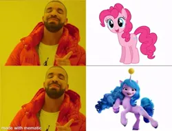 Size: 790x600 | Tagged: safe, derpibooru import, izzy moonbow, pinkie pie, earth pony, pony, unicorn, my little pony: a new generation, spoiler:g5, spoiler:my little pony: a new generation, ball, exploitable meme, g5, horn, hornball, hotline bling, image, izzy's tennis ball, jpeg, mematic, meme, op is right, tennis ball, the new pinkie pie, unpopular opinion