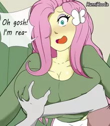 Size: 595x680 | Tagged: suggestive, artist:skyearts, derpibooru import, fluttershy, equestria girls, accidental groping, big breasts, blushing, breast grab, breast squish, breasts, busty fluttershy, clothes, embarrassed, erect nipples, female, female focus, grope, hair accessory, hair over one eye, huge breasts, image, jpeg, nipple outline, offscreen character, on top, open mouth, pov, solo focus, speech bubble, tripped, wide eyes