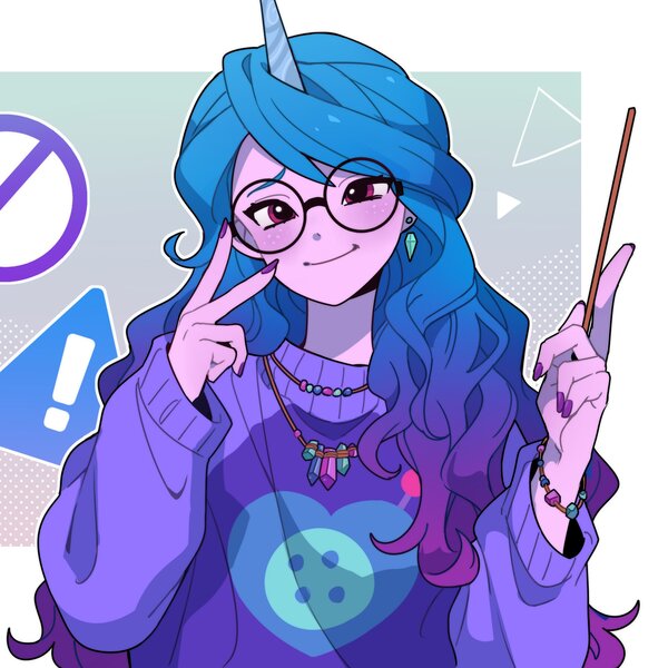 Size: 2000x2000 | Tagged: safe, artist:dcon, derpibooru import, izzy moonbow, human, equestria girls, my little pony: a new generation, spoiler:my little pony: a new generation, clothes, equestria girls-ified, g5, glasses, horn, horned humanization, humanized, image, jpeg, solo, sweater