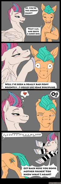 Size: 2000x6000 | Tagged: suggestive, artist:backlash91, derpibooru import, hitch trailblazer, zipp storm, earth pony, pegasus, pony, my little pony: a new generation, spoiler:g5, spoiler:my little pony: a new generation, clothes, comic, epic fail, fail, female, g5, hitchzipp, image, jail, male, misunderstanding, png, prison outfit, shipping, shipping denied, straight, swearing, vulgar