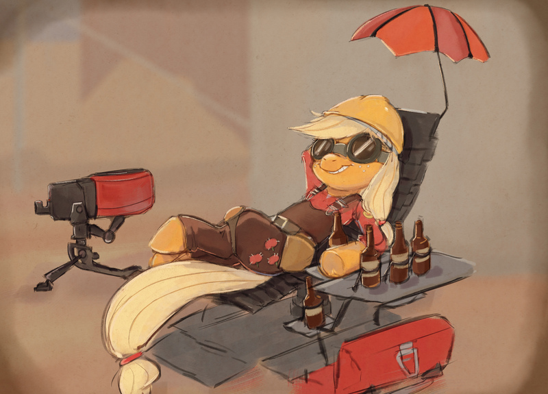 Size: 2928x2103 | Tagged: safe, artist:anonymous, derpibooru import, applejack, earth pony, pony, semi-anthro, alcohol, beer, belt, chaps, clothes, crossover, engiejack, female, goggles, hard hat, hat, image, jpeg, lying down, mare, rancho relaxo, sentry gun, smiling, solo, team fortress 2, toolbox, trollgineer