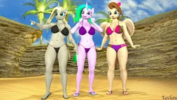 Size: 3840x2160 | Tagged: suggestive, artist:kevhon, derpibooru import, oc, oc:dejacevu, oc:fiona mahri, oc:vonny, unofficial characters only, anthro, pegasus, unicorn, 3d, beach, bikini, bikini bottom, bikini top, bow, breasts, clothes, female, females only, flip-flops, grin, image, nail polish, palm tree, png, sky, smiling, source filmmaker, swimsuit, tree, trio, trio female