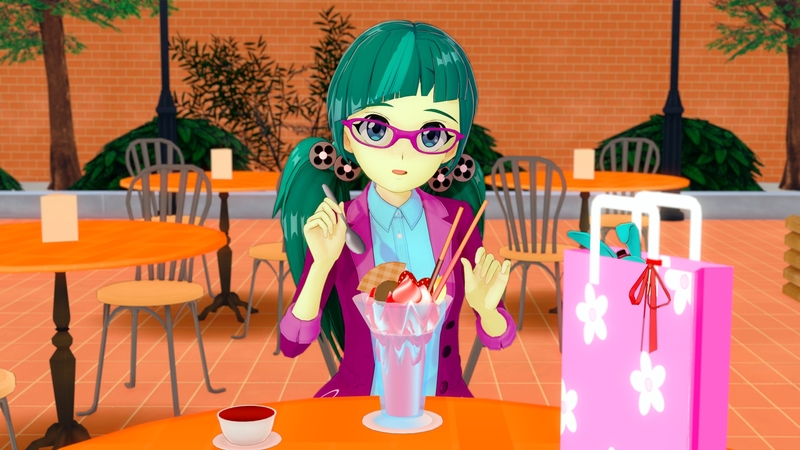 Size: 1920x1080 | Tagged: safe, artist:anonymous, derpibooru import, juniper montage, equestria girls, 3d, bush, chair, clothes, cup, dessert, female, food, glasses, ice cream, image, jpeg, koikatsu, looking at you, parfait, pocky, shirt, solo, spoon, strawberry, table, tree