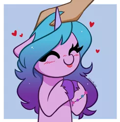 Size: 4424x4521 | Tagged: safe, artist:kittyrosie, derpibooru import, izzy moonbow, pony, unicorn, my little pony: a new generation, spoiler:my little pony: a new generation, blushing, bracelet, cute, eyes closed, floating heart, g5, hand, head pat, heart, image, izzybetes, jewelry, pat, png, tongue out