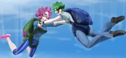 Size: 4162x1918 | Tagged: safe, artist:ink_beziers_painter109, derpibooru import, oc, oc:software patch, oc:windcatcher, unofficial characters only, human, commission, couple, falling, female, goggles, humanized, humanized oc, image, male, parachute, png, skydiving, straight
