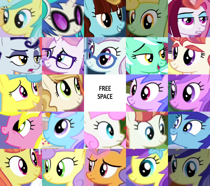 Size: 1660x1475 | Tagged: safe, derpibooru import, edit, edited screencap, screencap, amethyst star, banana fluff, cayenne, citrus blush, cloverbelle, diamond mint, electric sky, golden grove, lemon hearts, lemony gem, lyra heartstrings, minuette, moondancer's sister, moonlight raven, morning roast, north point, pretzel twist, rainbow stars, raspberry latte, say cheese, sea swirl, seafoam, sunshine petals, sunshine smiles, sweet biscuit, twinkleshine, vinyl scratch, pony, unicorn, bingo, female, image, mare, png