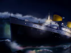 Size: 2570x1911 | Tagged: safe, artist:legionsunite, derpibooru import, image, jpeg, night, ocean, ocean liner, ship, wave