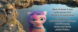 Size: 1280x536 | Tagged: safe, derpibooru import, screencap, sunny starscout, earth pony, my little pony: a new generation, spoiler:g5, spoiler:my little pony: a new generation, caption, empathy, g5, image, image macro, looking down, lyrics, png, reflection, rock, sad, singing, song, swimming pool, text, water