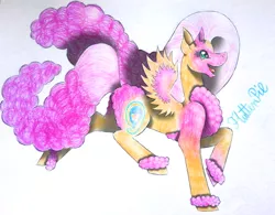 Size: 1967x1536 | Tagged: safe, artist:wixi2000, derpibooru import, fluttershy, pinkie pie, pegasus, pony, chest fluff, female, fluffy, fluffy mane, fluffy tail, four ears, image, mare, open mouth, open smile, png, prancing, simple background, smiling, solo, spread wings, tail, traditional art, unshorn fetlocks, white background, wings