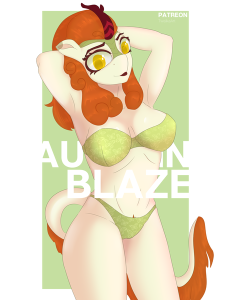 Size: 3000x3900 | Tagged: questionable, alternate version, artist:twilyshimmer, derpibooru import, edit, autumn blaze, belly, belly button, breasts, butt, clothes, female, females only, high res, image, large butt, makeup, patreon, patreon logo, png, pose, poster, pubic hair, pubic hair slip, sexy, sexy underwear, solo, tail, underwear, underwear edit