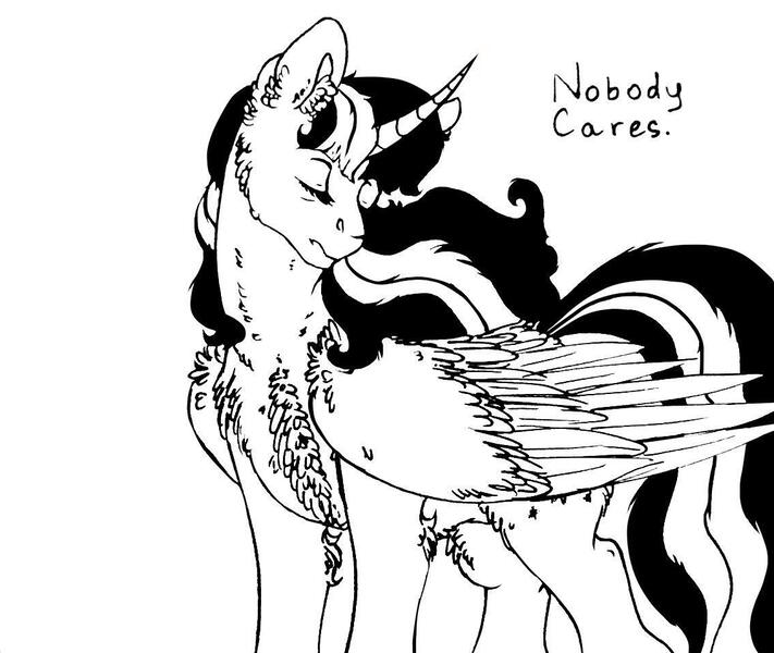 Size: 1135x958 | Tagged: safe, artist:skior, derpibooru import, twilight sparkle, twilight sparkle (alicorn), alicorn, pony, eyes closed, image, jpeg, monochrome, nobody cares, solo