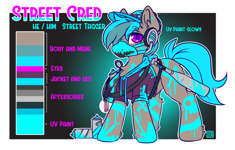 Size: 4280x2736 | Tagged: safe, artist:ruef, derpibooru import, oc, oc:street cred, earth pony, baseball bat, bodypaint, clothes, hat, headphones, hoodie, image, neon, png, reference sheet, spray paint