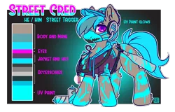Size: 4280x2736 | Tagged: safe, artist:ruef, derpibooru import, oc, oc:street cred, earth pony, baseball bat, bodypaint, clothes, hat, headphones, hoodie, image, neon, png, reference sheet, spray paint