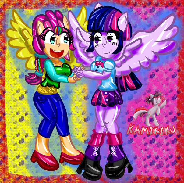 Size: 4320x4290 | Tagged: safe, artist:kamikiku, derpibooru import, sunny starscout, twilight sparkle, twilight sparkle (alicorn), alicorn, equestria girls, my little pony: a new generation, duo, duo female, equestria girls-ified, female, g5, g5 to equestria girls, holding hands, image, jpeg, open mouth, open smile, ponied up, smiling, sunnycorn