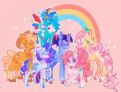 Size: 2048x1552 | Tagged: safe, artist:swirlseypop, derpibooru import, applejack, fluttershy, pinkie pie, rainbow dash, rarity, twilight sparkle, twilight sparkle (alicorn), alicorn, earth pony, pegasus, pony, unicorn, blushing, bow, chest fluff, colored wings, colored wingtips, ear piercing, earring, floppy ears, flower, flower in hair, glasses, grin, image, jewelry, jpeg, leonine tail, lidded eyes, looking at you, mane six, piercing, raspberry, smiling, sparkles, spread wings, tail, tail bow, tongue out, unshorn fetlocks, wavy mouth, wings