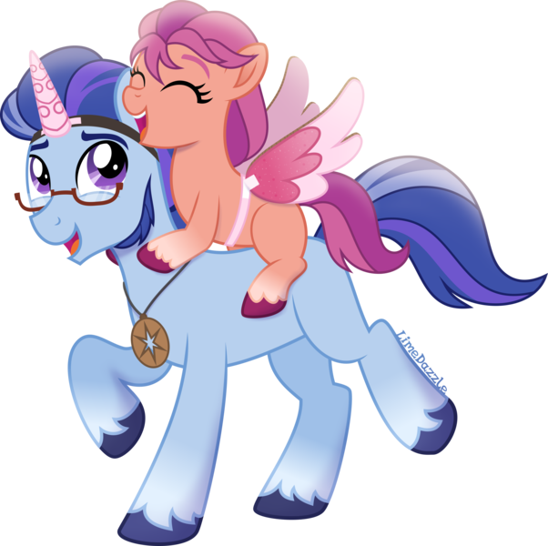 Size: 3514x3500 | Tagged: safe, artist:limedazzle, derpibooru import, sunny starscout, earth pony, pony, my little pony: a new generation, spoiler:my little pony: a new generation, argyle starshine, coat markings, colored eyebrows, duo, eyes closed, fake horn, fake wings, father and child, father and daughter, female, g5, g5 to g4, glasses, image, jewelry, male, necklace, open mouth, playing, png, simple background, smiling, socks (coat marking), transparent background, unshorn fetlocks