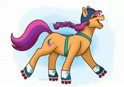 Size: 2937x2053 | Tagged: safe, artist:bellbell123, derpibooru import, sunny starscout, earth pony, pony, spoiler:g5, eyes closed, female, g5, gonna be my day, image, jpeg, roller skates, rollerblades, singing