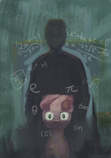 Size: 1240x1754 | Tagged: safe, artist:marker, derpibooru import, cheerilee, oc, oc:anon, human, pony, apple, chalkboard, classroom, creepy, fancy mathematics, food, image, kinderquestria, lovecraft, math, png, thousand yard stare