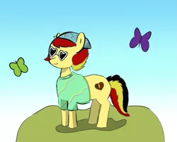 Size: 745x600 | Tagged: safe, artist:sannyday, derpibooru import, oc, oc:chocolate sweets, unofficial characters only, butterfly, earth pony, insect, pony, bandana, blue sky, clothes, cutie mark, heart shaped glasses, image, multicolored tail, png, shirt, simple background, solo, standing, sunglasses, tail, yellow coat