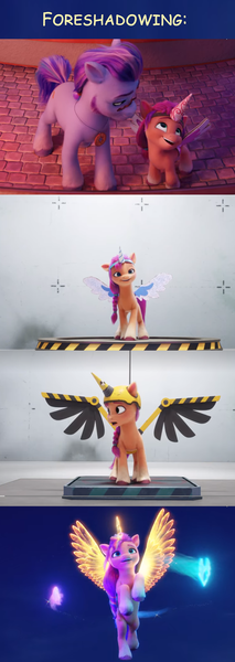 Size: 803x2261 | Tagged: safe, derpibooru import, editor:torpy, screencap, sunny starscout, alicorn, earth pony, pony, my little pony: a new generation, spoiler:my little pony: a new generation, argyle starshine, fake horn, fake wings, father and child, father and daughter, female, filly, foal, foreshadowing, g5, image, male, mare, png, stallion, sunnycorn