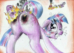 Size: 2311x1659 | Tagged: suggestive, artist:3500joel, derpibooru import, twilight sparkle, pony, unicorn, blushing, burned, burned butt, burned butt fetish, butt, butt fire, crying, dock, female, fetish, fire, floppy ears, gritted teeth, image, jpeg, literal butthurt, looking back, mare, one eye closed, pain, plot, solo, tail, traditional art, twibutt, unicorn twilight