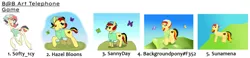 Size: 2397x556 | Tagged: safe, artist:backgroundpony#f352, artist:hazel bloons, artist:s0fty_1cy, artist:sannyday, artist:sunamena, derpibooru import, oc, oc:chocolate sweets, butterfly, earth pony, insect, pony, 2021, bandana, blue sky, clothes, cutie mark, eyes closed, eyes open, female, flower, flower in hair, grass, happy, heart shaped glasses, image, jpeg, mare, multicolored hair, multicolored mane, multicolored tail, red eyes, shirt, simple background, smiling, soda can, solo, standing, sunglasses, tail, walking, yellow coat