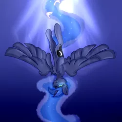 Size: 2000x2000 | Tagged: safe, artist:sherlockett, derpibooru import, princess luna, alicorn, pony, asphyxiation, blue background, blue eyes, blue mane, blue tail, bubble, chest fluff, crepuscular rays, drowning, ethereal mane, falling, feather, female, flowing mane, flowing tail, high res, horn, image, mare, ocean, png, sad, simple background, solo, spread wings, starry mane, starry tail, sunlight, tail, underwater, water, wings