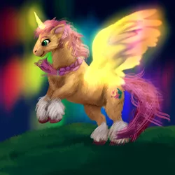 Size: 900x900 | Tagged: safe, artist:angsttronaut, derpibooru import, sunny starscout, alicorn, pony, my little pony: a new generation, spoiler:my little pony: a new generation, female, g5, glow, glowing horn, glowing wings, horn, image, jpeg, sunnycorn, wings
