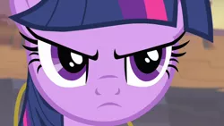 Size: 1280x720 | Tagged: safe, derpibooru import, screencap, twilight sparkle, twilight sparkle (alicorn), alicorn, pony, season 4, three's a crowd, angry, close-up, cute, cute when angry, dat face, dat face expression tho, discord's pendant, female, image, jewelry, mare, narrowed eyes, necklace, png, serious, serious face, twilight is not amused, twilight is not amused lol, unamused