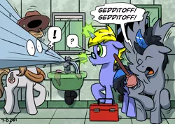 Size: 2192x1550 | Tagged: safe, artist:pony-berserker, derpibooru import, oc, oc:final drive, oc:longhaul, oc:slipstream, earth pony, pegasus, unicorn, bathroom, faucet, image, mirror, plumbing, plunger, png, speech bubble, toolbox, water