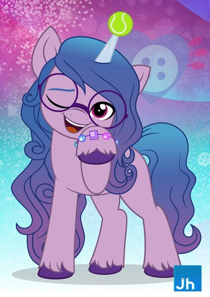 Size: 2481x3508 | Tagged: safe, artist:jhayarr23, derpibooru import, izzy moonbow, pony, unicorn, my little pony: a new generation, spoiler:my little pony: a new generation, ball, cute, female, g5, glasses, horn, horn impalement, image, izzy's tennis ball, izzybetes, jpeg, looking at you, mare, one eye closed, open mouth, solo, tennis ball, wink