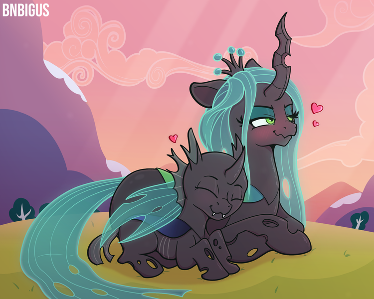 Size: 2000x1600 | Tagged: safe, artist:bnbigus, derpibooru import, queen chrysalis, changeling, changeling queen, cuddling, female, floating heart, heart, hill, hug, image, png, scrunchy face, snuggling, sunset, tsundere