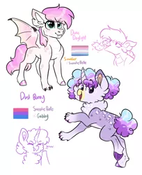 Size: 2048x2509 | Tagged: safe, artist:moccabliss, derpibooru import, oc, oc:dune daylight, oc:dust bunny, unofficial characters only, dracony, dragon, hippogriff, hybrid, bigender pride flag, bisexual pride flag, image, magical lesbian spawn, offspring, parent:gabby, parent:smolder, parent:sweetie belle, png, pride, pride flag