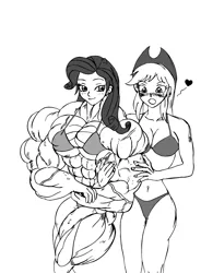 Size: 2176x2953 | Tagged: suggestive, artist:e19700, derpibooru import, applejack, rarity, equestria girls, abs, biceps, bikini, breasts, buff breasts, busty applejack, clothes, female, fetish, flexing, image, jpeg, muscle fetish, muscles, muscular female, pecs, ripped rarity, swimsuit, vein, vein bulge