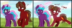Size: 1500x592 | Tagged: safe, artist:higgly-chan, derpibooru import, oc, unofficial characters only, pony, unicorn, blushing, duo, female, glow, glowing horn, halo, horn, image, lidded eyes, looking away, magic, male, male to female, mare, open mouth, png, ponytail, poof, question mark, rule 63, shocked, shocked expression, shrunken pupils, smiling, smirk, stallion, transformation, transgender transformation, wide eyes