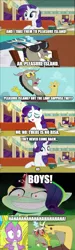 Size: 500x1673 | Tagged: safe, derpibooru import, edit, edited screencap, screencap, discord, rarity, spike, draconequus, dragon, pony, unicorn, dungeons and discords, inspiration manifestation, keep calm and flutter on, my little pony: a new generation, the saddle row review, spoiler:my little pony: a new generation, caption, carriage, coachman, comic, disney, evil, evil laugh, evil rarity, female, g5, glow, glowing horn, horn, image, imgflip, jpeg, laughing, male, mare, meme, panic, pinocchio, pleasure island, red eyes, reference, restaurant, scared, scary, screencap comic, sharp teeth, shocked, shrunken pupils, sitting, smiling, sunglasses, swirly eyes, talking, teeth, text, this will not end well, two toned mane, watermark, worried