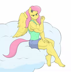 Size: 1716x1747 | Tagged: safe, artist:matchstickman, derpibooru import, fluttershy, anthro, pegasus, plantigrade anthro, abs, cloud, female, flexing, image, jpeg, muscles, muscleshy, muscular female, on a cloud, sitting, sitting on cloud