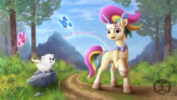 Size: 1536x864 | Tagged: safe, artist:calena, derpibooru import, oc, oc:trinity deblanc (new), butterfly, dog, insect, pomeranian, unicorn, my little pony: a new generation, spoiler:my little pony: a new generation, cloud, crystal, cute, detailed, digital art, ear piercing, earring, flying pomeranian, g5, grass, image, jewelry, looking at you, mountain, multicolored hair, painting, piercing, png, rainbow, road, rock, sky, stone, style emulation, tree, unshorn fetlocks, winged dog