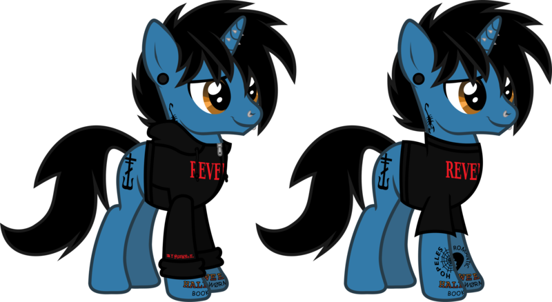 Size: 2126x1165 | Tagged: safe, artist:lightningbolt, derpibooru import, ponified, pony, unicorn, .svg available, clothes, derpibooru exclusive, ear piercing, frank iero, gauges, hoodie, horn, horn piercing, image, lip piercing, male, my chemical romance, nose piercing, piercing, png, shirt, simple background, solo, stallion, standing, t-shirt, tattoo, transparent background, vector