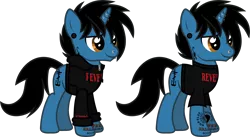 Size: 2126x1165 | Tagged: safe, artist:lightningbolt, derpibooru import, ponified, pony, unicorn, .svg available, clothes, derpibooru exclusive, ear piercing, frank iero, gauges, hoodie, horn, horn piercing, image, lip piercing, male, my chemical romance, nose piercing, piercing, png, shirt, simple background, solo, stallion, standing, t-shirt, tattoo, transparent background, vector