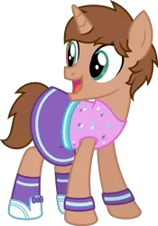 Size: 1782x2553 | Tagged: safe, artist:peternators, derpibooru import, oc, oc:heroic armour, pony, unicorn, clothes, colt, crossdressing, image, male, png, shirt, shoes, simple background, skirt, smiling, socks, sweatband, teenager, transparent background