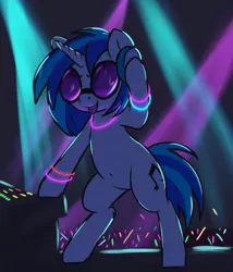 Size: 2400x2800 | Tagged: safe, artist:t72b, derpibooru import, vinyl scratch, pony, unicorn, bipedal, bipedal leaning, biting, dark, female, glowstick, headphones, image, leaning, mare, png, rave, solo, stage, sunglasses, tongue bite, tongue out