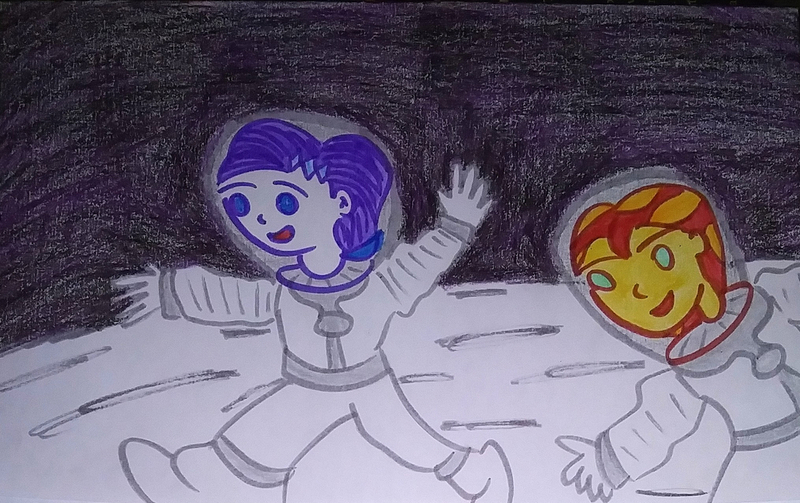 Size: 1280x804 | Tagged: safe, artist:dex stewart, derpibooru import, rarity, sunset shimmer, human, equestria girls, astronaut, image, jpeg, moon, space, space helmet, spacesuit, traditional art