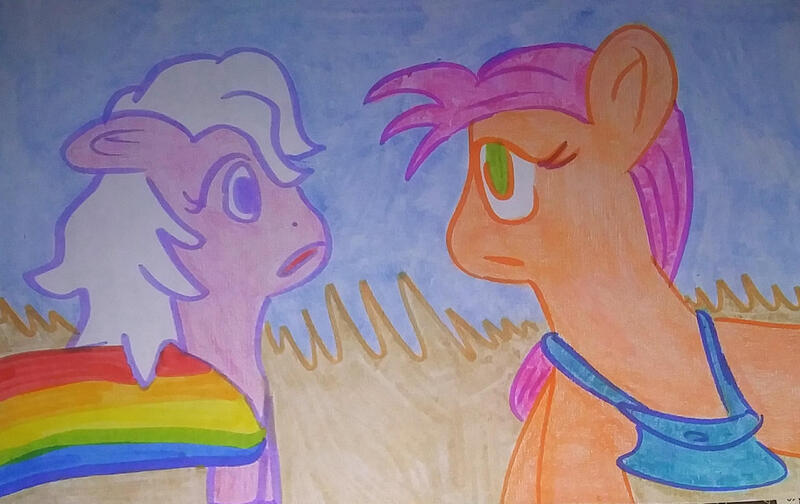 Size: 1280x806 | Tagged: safe, artist:dex stewart, derpibooru import, lickety split, sunny starscout, earth pony, pony, my little pony: a new generation, spoiler:my little pony: a new generation, g5, image, jpeg, rainbow, traditional art