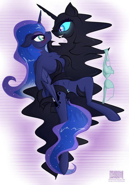 Size: 1065x1533 | Tagged: suggestive, artist:virenth, derpibooru import, nightmare moon, princess luna, anthro, female, females only, image, lesbian, looking at each other, lunamoon, partial nudity, png, selfcest, self ponidox, shipping