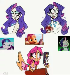 Size: 2472x2662 | Tagged: safe, artist:citi, derpibooru import, screencap, rarity, sunny starscout, twilight sparkle, human, my little pony: a new generation, spoiler:my little pony: a new generation, breasts, cutie mark accessory, doll, evil grin, evil rarity, fake wings, fangs, g5, glowing hands, grin, humanized, image, jpeg, magic, scene interpretation, screencap reference, smiling, toy