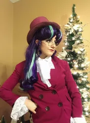 Size: 1080x1472 | Tagged: safe, artist:sarahndipity cosplay, derpibooru import, snowfall frost, starlight glimmer, human, christmas, christmas tree, clothes, cosplay, costume, glasses, hat, holiday, image, irl, irl human, jpeg, photo, top hat, tree