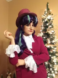 Size: 1080x1460 | Tagged: safe, artist:sarahndipity cosplay, derpibooru import, snowfall frost, starlight glimmer, human, christmas, christmas tree, clothes, cosplay, costume, glasses, hat, holiday, image, irl, irl human, jpeg, photo, top hat, tree